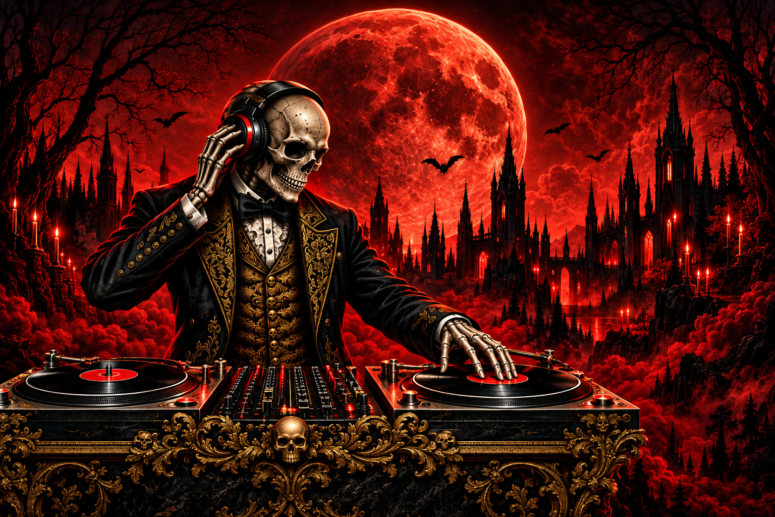 A skeleton DJ beneath a blood-red moon, wearing headphones and a black-and-gold suit, mixing on twin turntables.
